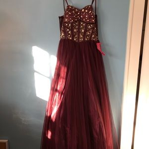 Maroon & gold corset prom dress